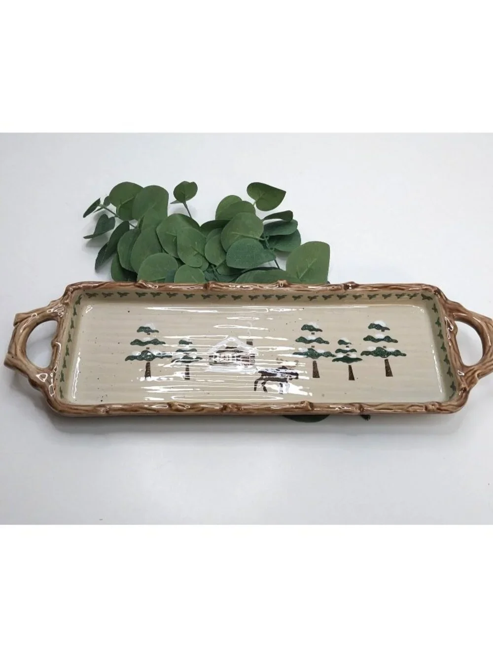 Sonoma Lodge Ceramic Serving Tray With Rustic Handles Cabin Moose 15.5